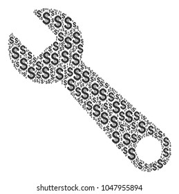 Wrench collage of dollar symbols. Vector dollar currency icons are composed into wrench illustration.
