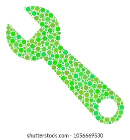 Wrench collage of filled circles in variable sizes and green color hues. Vector round dots are grouped into wrench illustration. Fresh vector illustration.