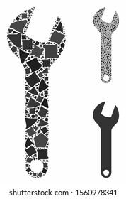 Wrench composition of abrupt pieces in various sizes and shades, based on wrench icon. Vector abrupt pieces are composed into composition. Wrench icons collage with dotted pattern.