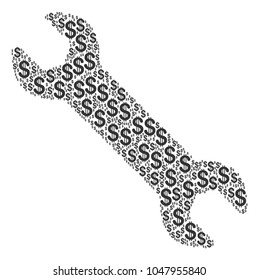 Wrench composition of american dollars. Vector dollar icons are organized into wrench illustration.