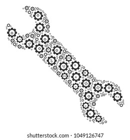Wrench composition of cogwheels. Vector gear pictograms are organized into wrench composition.