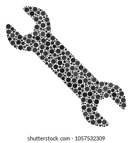 Wrench composition of dots in variable sizes and color tones. Filled circles are organized into wrench vector collage. Vector design concept.