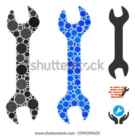 Wrench composition of filled circles in various sizes and color tinges, based on wrench icon. Vector filled circles are combined into blue collage. Dotted wrench icon in usual and blue versions.