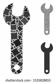 Wrench composition of joggly pieces in different sizes and color tinges, based on wrench icon. Vector tuberous pieces are composed into composition. Wrench icons collage with dotted pattern.