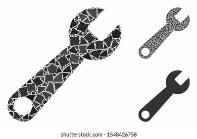 Wrench composition of raggy pieces in various sizes and shades, based on wrench icon. Vector raggy elements are grouped into composition. Wrench icons collage with dotted pattern.