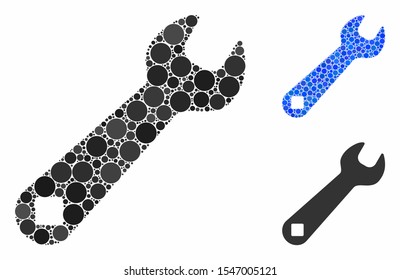 Wrench composition of small circles in different sizes and color tones, based on wrench icon. Vector small circles are united into blue composition. Dotted wrench icon in usual and blue versions.
