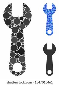 Wrench composition of small circles in variable sizes and color tints, based on wrench icon. Vector small circles are united into blue mosaic. Dotted wrench icon in usual and blue versions.