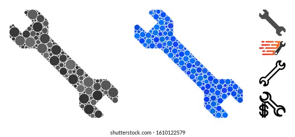 Wrench composition of small circles in variable sizes and color tones, based on wrench icon. Vector round elements are united into blue composition. Dotted wrench icon in usual and blue versions.