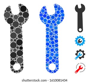 Wrench composition of small circles in various sizes and color hues, based on wrench icon. Vector small circles are composed into blue illustration. Dotted wrench icon in usual and blue versions.