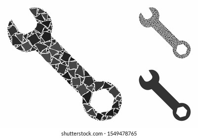 Wrench composition of trembly parts in different sizes and color tinges, based on wrench icon. Vector tuberous parts are composed into collage. Wrench icons collage with dotted pattern.