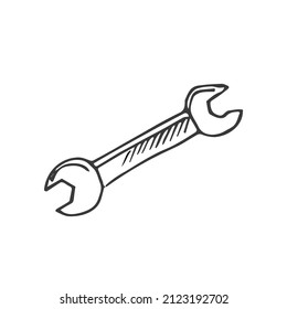 Wrench construction tool doodle icon. Hand drawn wrench. Doodle repair icon in vector.