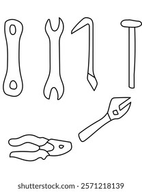 Wrench, croebar, Pliers common tools in a construction vector set include a saw, ideal for cutting wood, metal, a drill, which creates holes in various materials. clean, modern vector style.