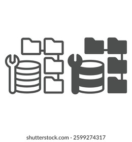 Wrench and database storage with folders line and solid icon, neural dataset concept. Vector graphics. Developer data, repair sign on white background, outline style icon for mobile or web design