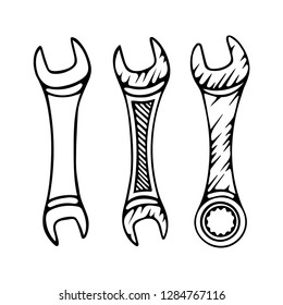 Wrench. Different wrenches hand drawn illustrations set.
Wrench sketch drawing.