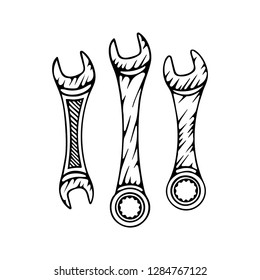 Wrench. Different wrenches hand drawn illustrations set.
Wrench sketch drawing.