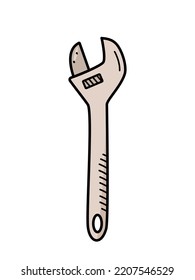 Wrench doodle vector, cartoon construction tool isolate on white.