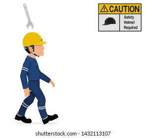 A wrench is falling on the worker's head.
