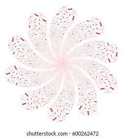 Wrench fireworks swirl flower with ten petals. Vector illustration style is flat red scattered symbols. Object twirl constructed from random pictographs.
