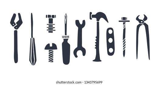 Wrench Flat Hand Drawn Icons. 10 Objects: Spanner, Wrench Hammer, Pliers, Bolt, Screwdriver, Shim. Vector Illustration Isolated on White.