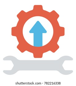 A wrench and a gear with an arrow sign inside flat icon