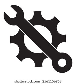 Wrench and Gear cogwheel icon in trendy flat design. Service Tools Line Icon In Flat Style For App, UI, Websites. Gear Wheel  Wrench Vector Black Icon Illustration.