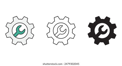 Wrench and Gear Cogwheel Icons set, Service tool symbol isolated background, assembly, repair instruments flat simple infographics design template. vector illustration.