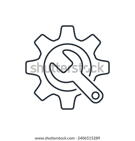 Wrench and Gear cogwheel. Masterclass. Workshop. Vector linear icon illustration isolated on white background.