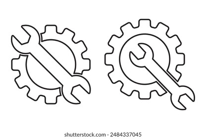 Wrench and Gear cogwheel outline icon set. trendy flat design. service tool icon, Maintenance Tools repair sign and symbol.