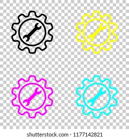 wrench in gear. Colored set of cmyk icons on transparent background