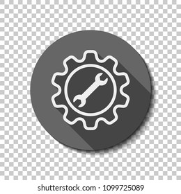 wrench in gear. flat icon, long shadow, circle, transparent grid. Badge or sticker style