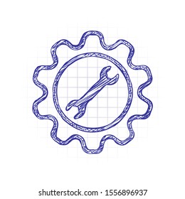 wrench in gear. Hand drawn sketched picture with scribble fill. Blue ink. Doodle on white background