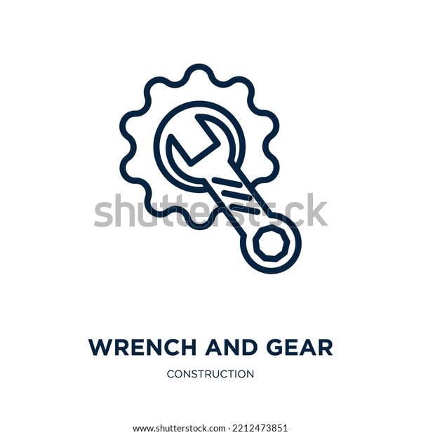 wrench and gear icon from construction collection.\
Thin linear wrench and gear, mechanic, wheel outline icon isolated\
on white background. Line vector wrench and gear sign, symbol for\
web and mobile