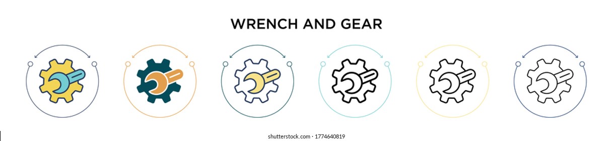 Wrench and gear icon in filled, thin line, outline and stroke style. Vector illustration of two colored and black wrench and gear vector icons designs can be used for mobile, ui, web