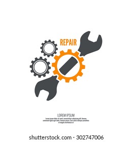 Wrench and gear icon. Mechanic service and mechanics, connection and operation engineering design work.