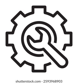 Wrench and gear icon, repair and maintenance symbol, black and white vector illustration isolated on white background.