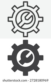 Llave con el icono del engranaje fijado en diverso estilo. Icono de línea, contorno y sólido con signo y Vector de trazo editable. Icono de engranaje de llave para reparación de ingeniería.