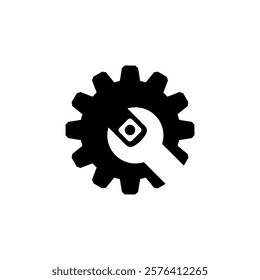 Wrench and gear icon. Spanner inside cogwheel. Vector isolated illustration on white background.