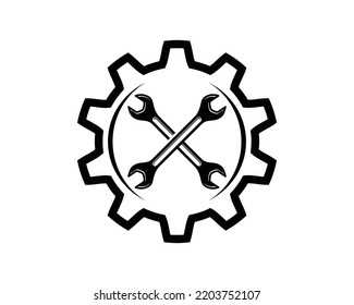 Wrench with gear icon vector for service in the garage engine logo design. Hand draw skull and gear silhouette illustration sign symbol vector
