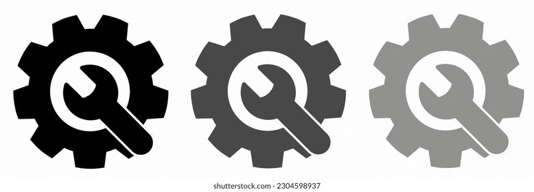 Wrench and gear illustration set. Wrench and gear icon. Stock vector.