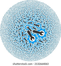 Wrench with gear items are organized into round collection. Wrench with gear icon bubble mosaic. Abstraction round cluster mosaic is combined from wrench with gear symbols.