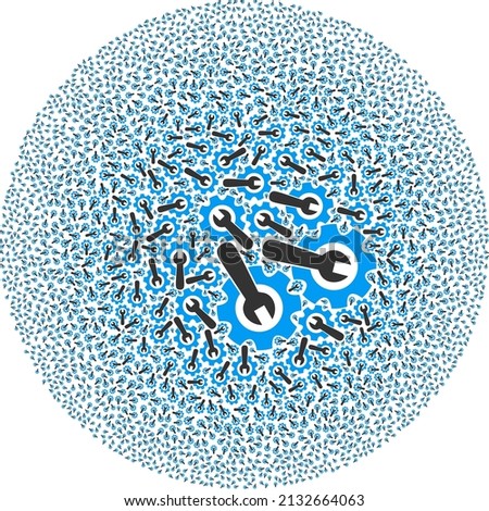 Wrench with gear items are organized into round collection. Wrench with gear icon bubble mosaic. Abstraction round cluster mosaic is combined from wrench with gear symbols.