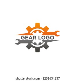 wrench gear logo. flat logo design. Mechanics engineering logo concept, wrench and gear wheel. Auto service logo. Innovation technology, software development, industrial manufacturing sign.
