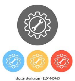 wrench in gear. Set of white icons on colored circles