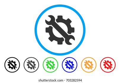 Wrench And Gear Setup Tools vector rounded icon. Image style is a flat gray icon symbol inside a blue circle. Additional color variants are grey, black, blue, green, red, orange.