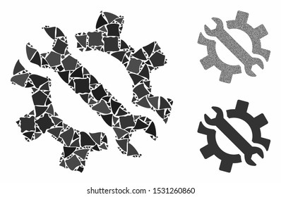 Wrench and gear tools composition of inequal elements in different sizes and color hues, based on wrench and gear tools icon. Vector humpy elements are grouped into collage.
