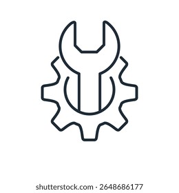 Chave e engrenagem.Instrumentos de serviço.Ferramenta, equipamento para reparação, configurações.  Ilustração de ícone linear de vetor isolada no fundo branco.