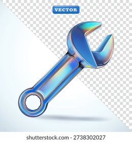 Wrench. Glossy color, 3D vector, with blue and rainbow glass material