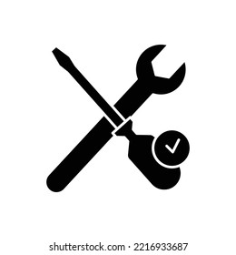 Wrench glyph icon illustration with screwdriver and check mark. Suitable for complete repair icon . icon illustration related repair, maintenance. Simple vector design editable