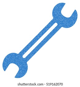 Wrench grainy textured icon for overlay watermark stamps. Flat symbol with dust texture. Dotted vector cobalt ink rubber seal stamp with grunge design on a white background.