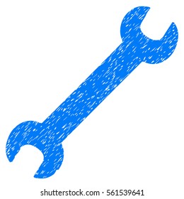 Wrench grainy textured icon for overlay watermark stamps. Flat symbol with scratched texture. Dotted vector blue ink rubber seal stamp with grunge design on a white background.